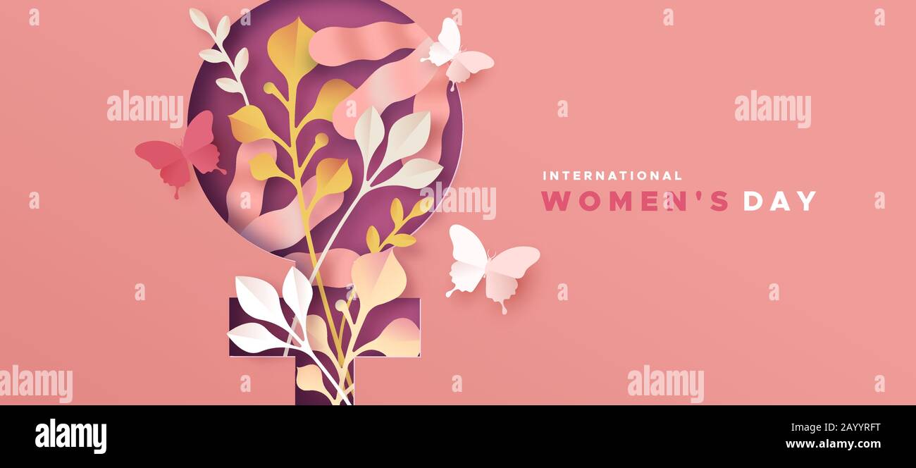 Happy Women Day greeting card illustration. 3D papercut female symbol ...