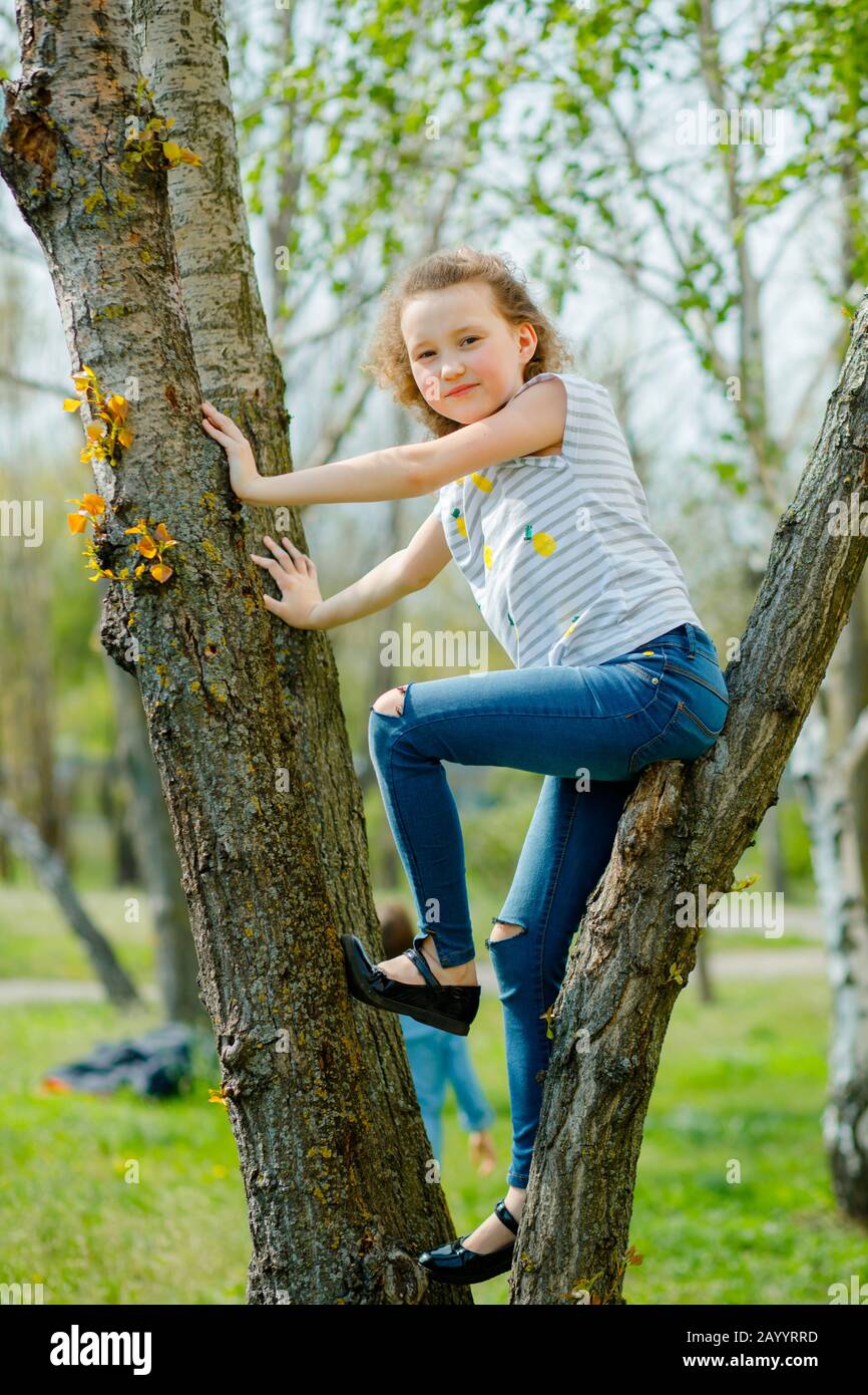 Beautiful little girl climbed tree. child in ripped jeans. Wild life of  modern children. Outdoor adventure Stock Photo - Alamy