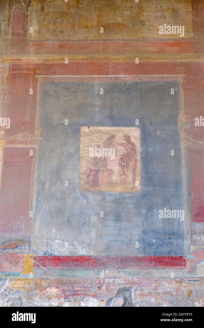 Pompeii fresco, Roman frescoes of Pompeii Macellum, North-West corner of West wall, wall painting of Io listening to Argus, Argo, Pompeii, Italy. Stock Photo