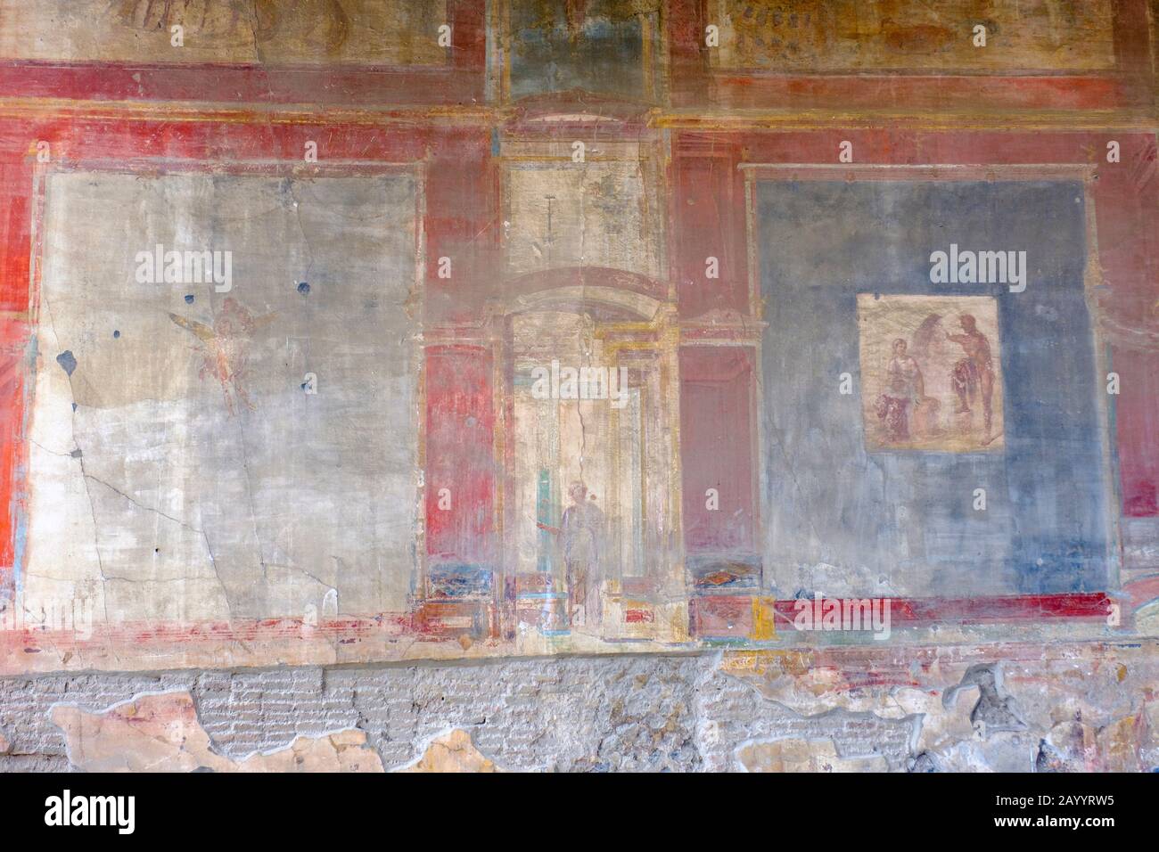 Pompeii fresco, Roman frescoes of Pompeii Macellum, North-West corner of West wall, wall painting of Io listening to Argus, Argo, Pompeii, Italy. Stock Photo