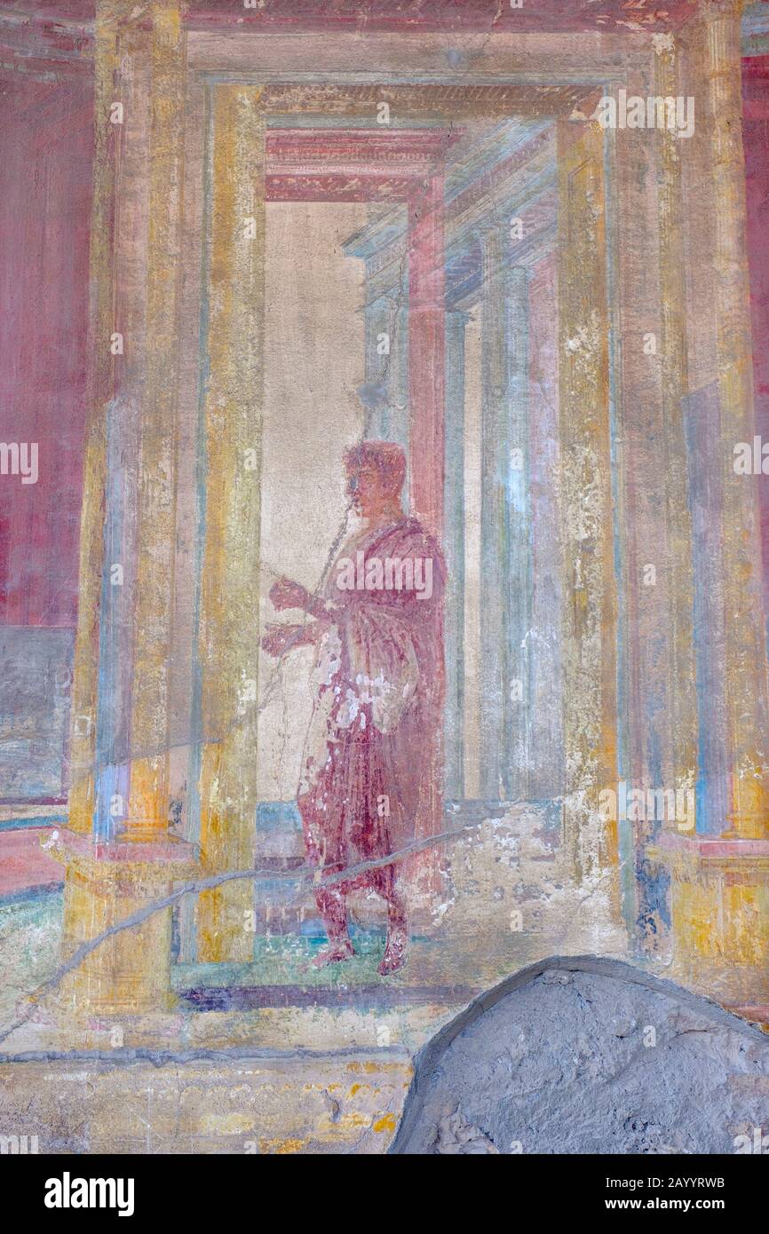 Pompeii Fresco, Roman frescoes of Pompeii Macellum, North-West corner of West wall, wall decoration, Pompeii, Italy Stock Photo