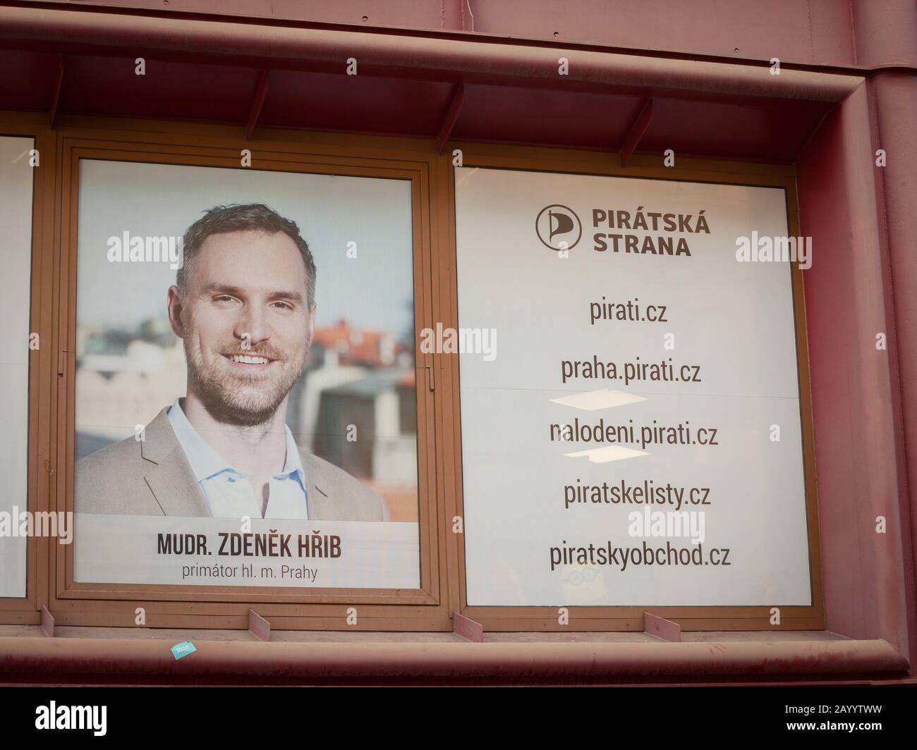 PRAGUE - CZECHIA - OCTOBER 31, 2019: Poster of the Czech Pirate Party (Piratska Stranka) with a picture of the local head, Zdenek Hrib. It advocates f Stock Photo