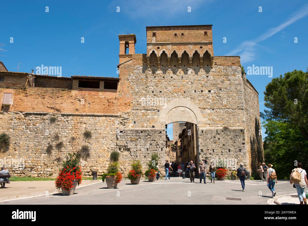 One of the gates of the medieval walled hill town of San Gimignano in Tuscany, Italy. Stock Photo