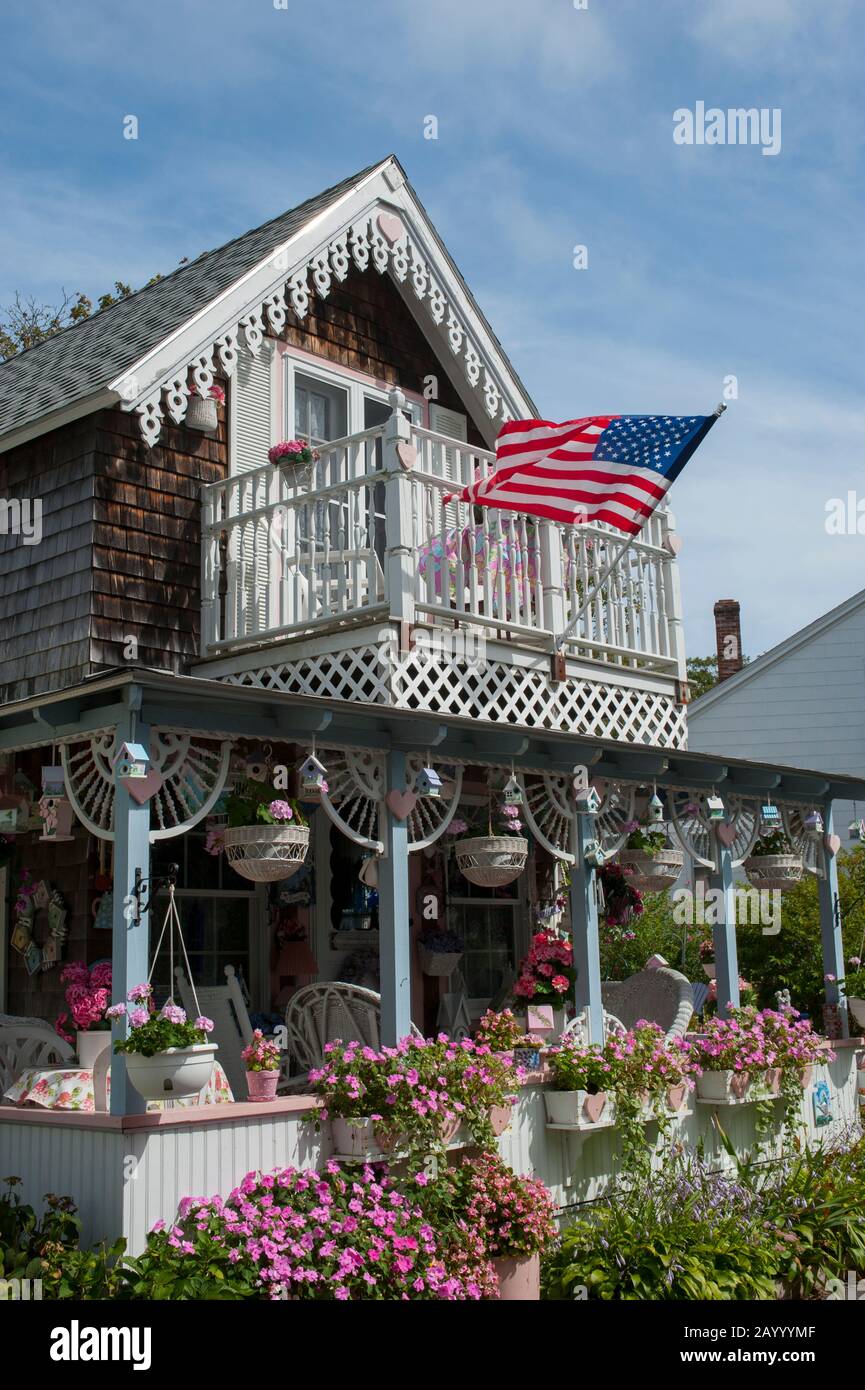 A Victorian gingerbread cottage in Oak Bluffs on Martha’s Vineyard, Massachusetts, USA. Stock Photo