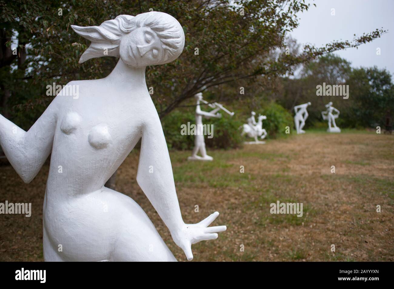 Statues in an outdoor art exhibit at the Field Gallery in West Tisbury on Martha’s Vineyard, Massachusetts, USA. Stock Photo