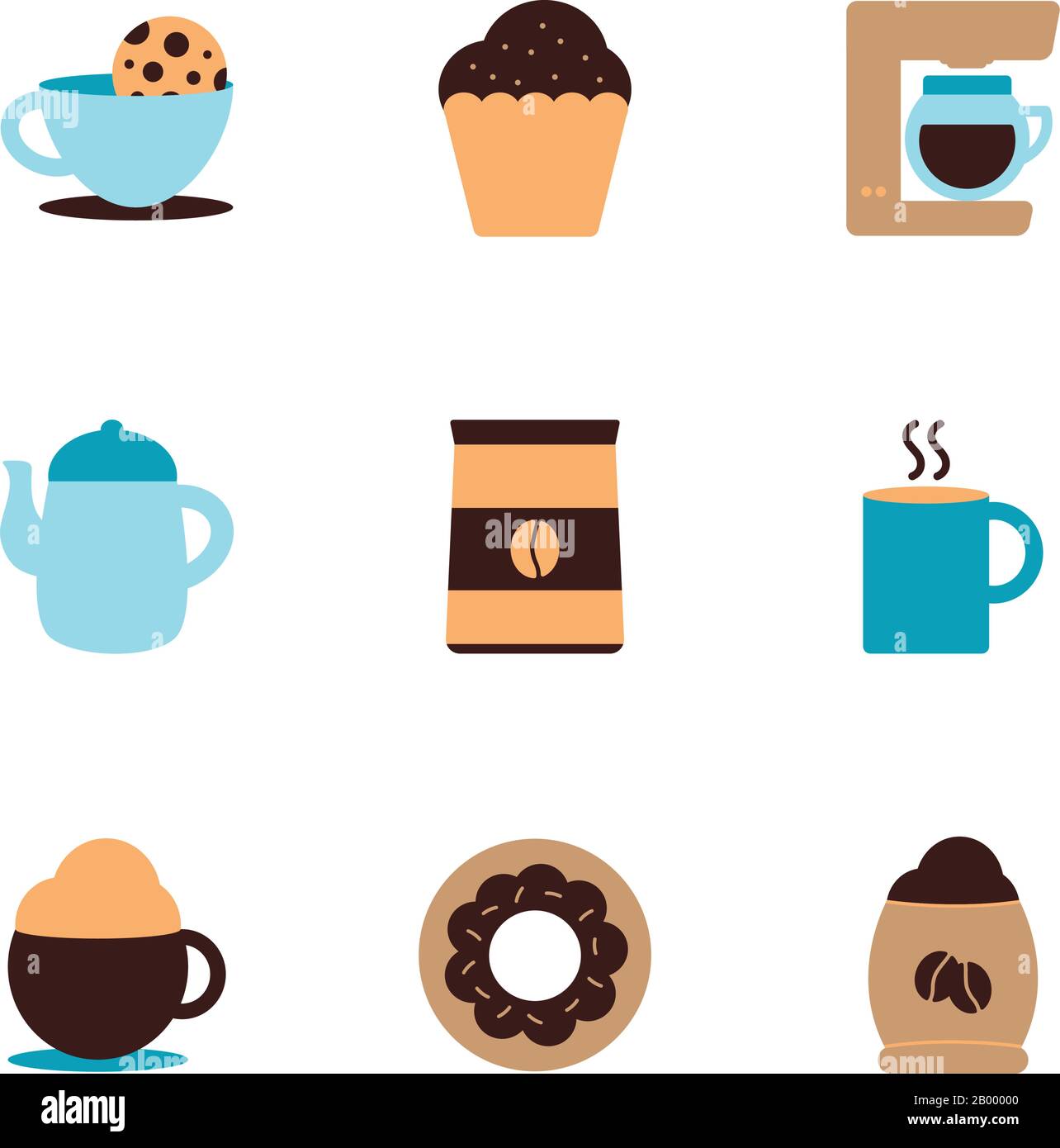 Coffee flat style icon set design of time drink breakfast beverage ...