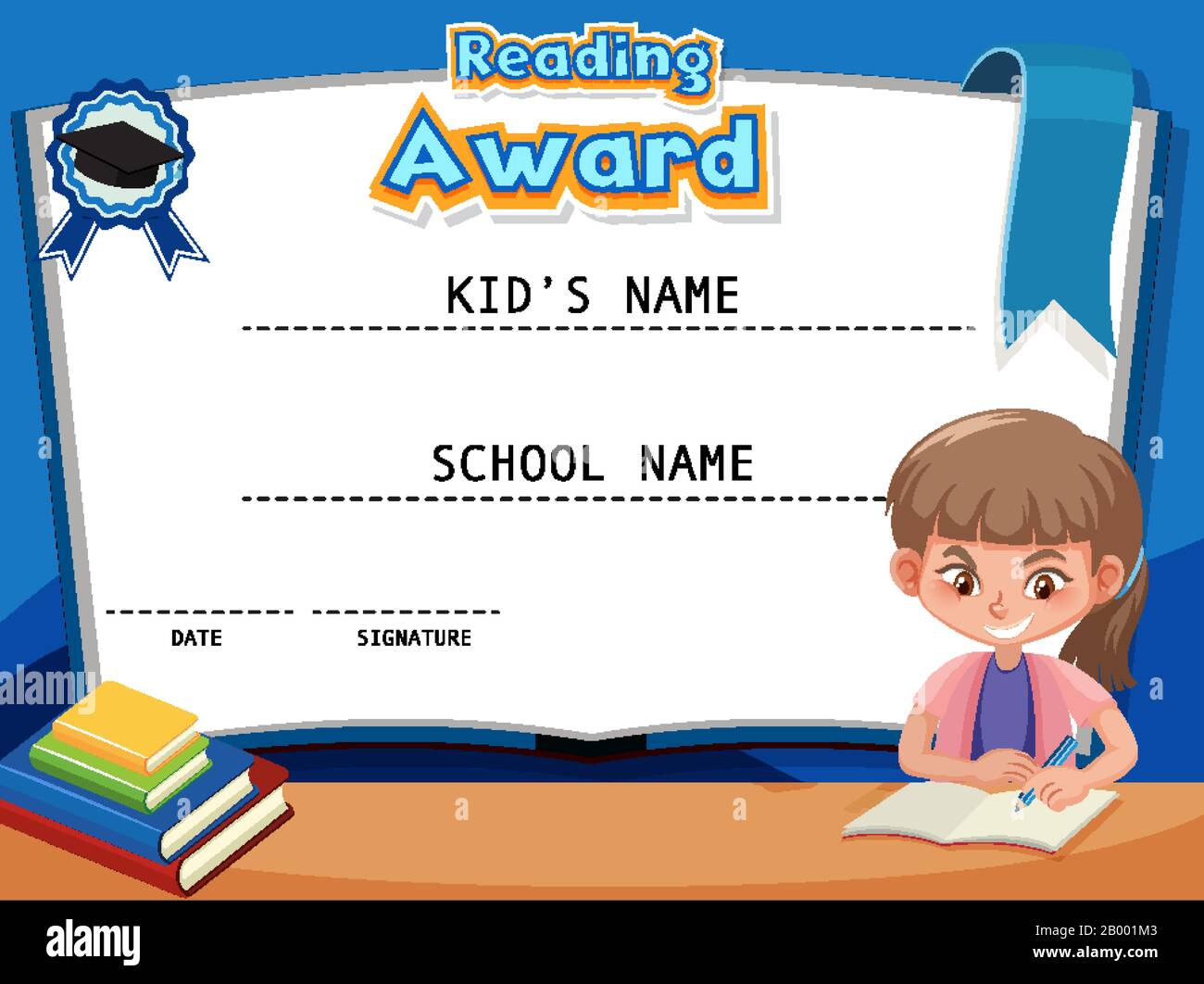 Certificate template for reading award with girl reading book in background illustration Stock Vector