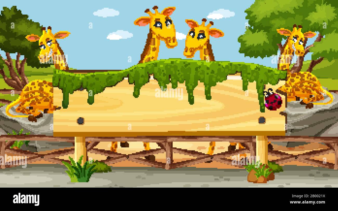 Wooden sign template with cute giraffes in the park illustration Stock ...