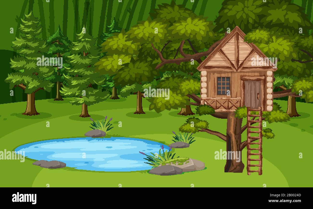 Scene with wooden treehouse in the forest illustration Stock Vector ...