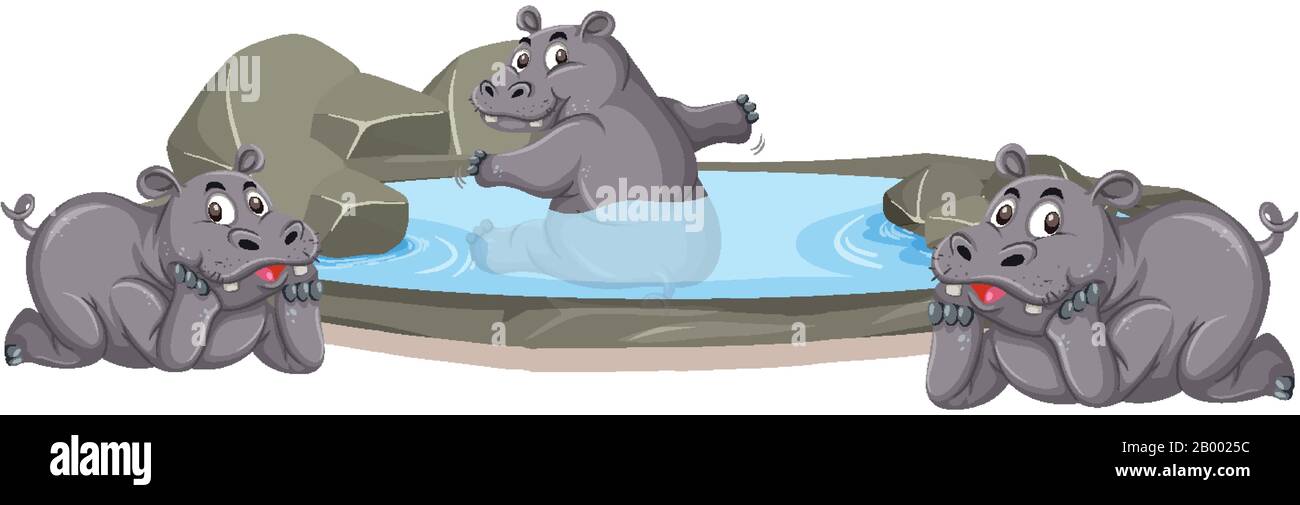 Three hippos enjoying themselves in the pond illustration Stock Vector