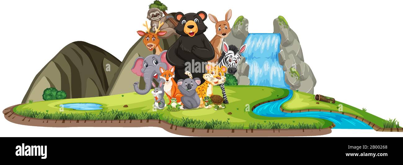 Scene with wild animals standing by the waterfall illustration Stock ...