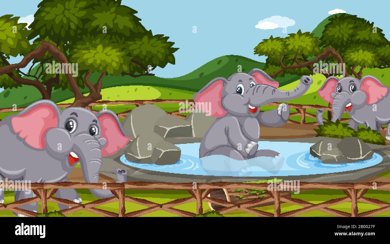 Scene with wild animals in the zoo at day time illustration Stock ...