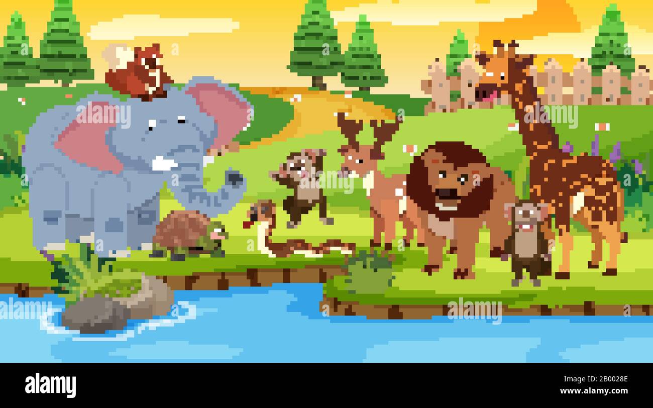 Scene with many animals standing by the river illustration Stock Vector ...