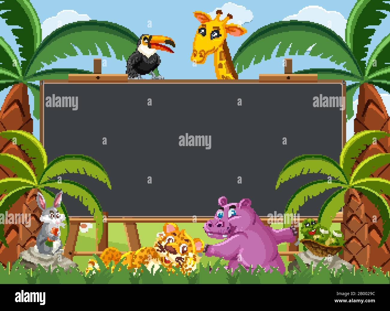 Blackboard template with wild animals in the woods illustration Stock ...