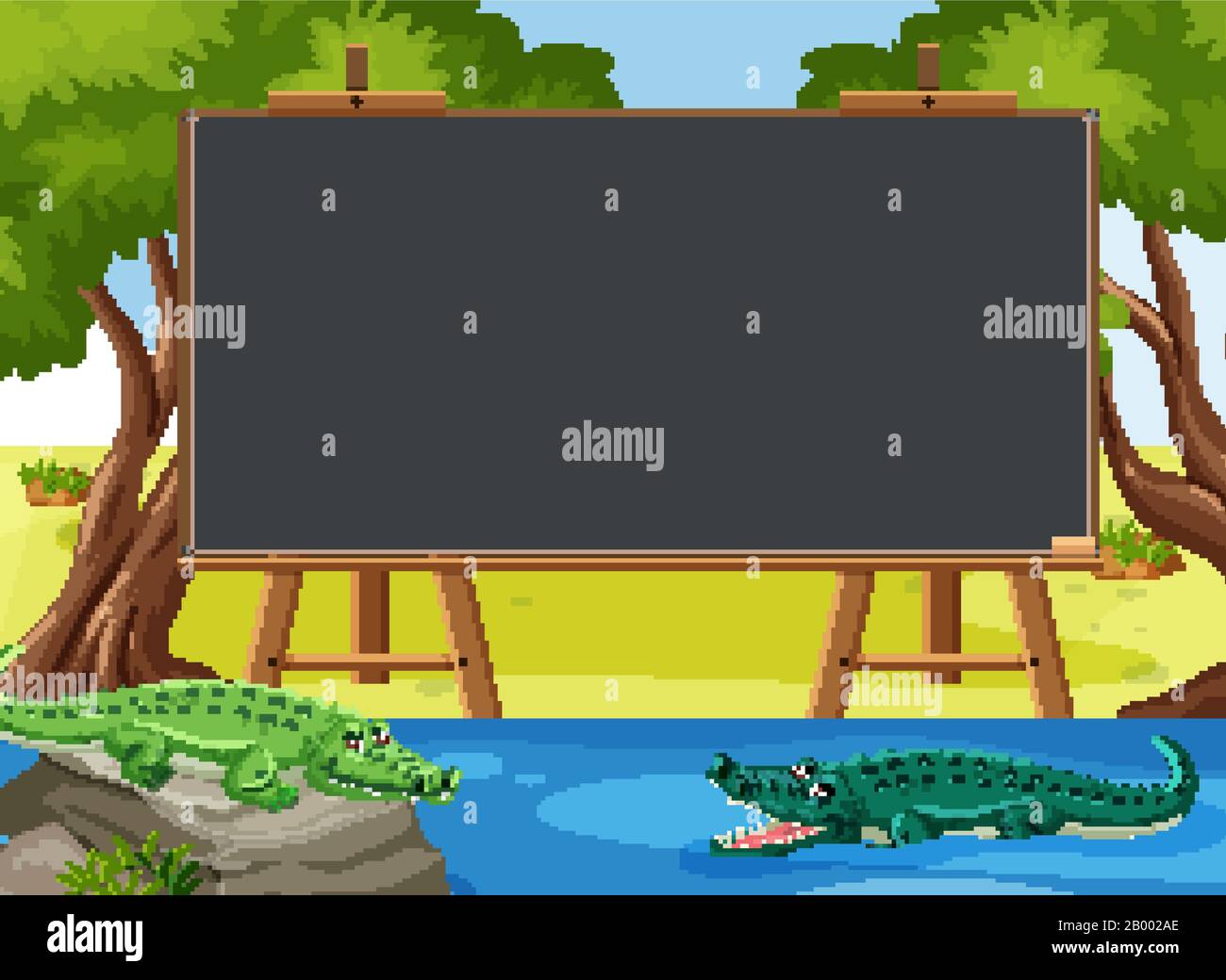 Blackboard template with crocodiles swimming in the park illustration ...