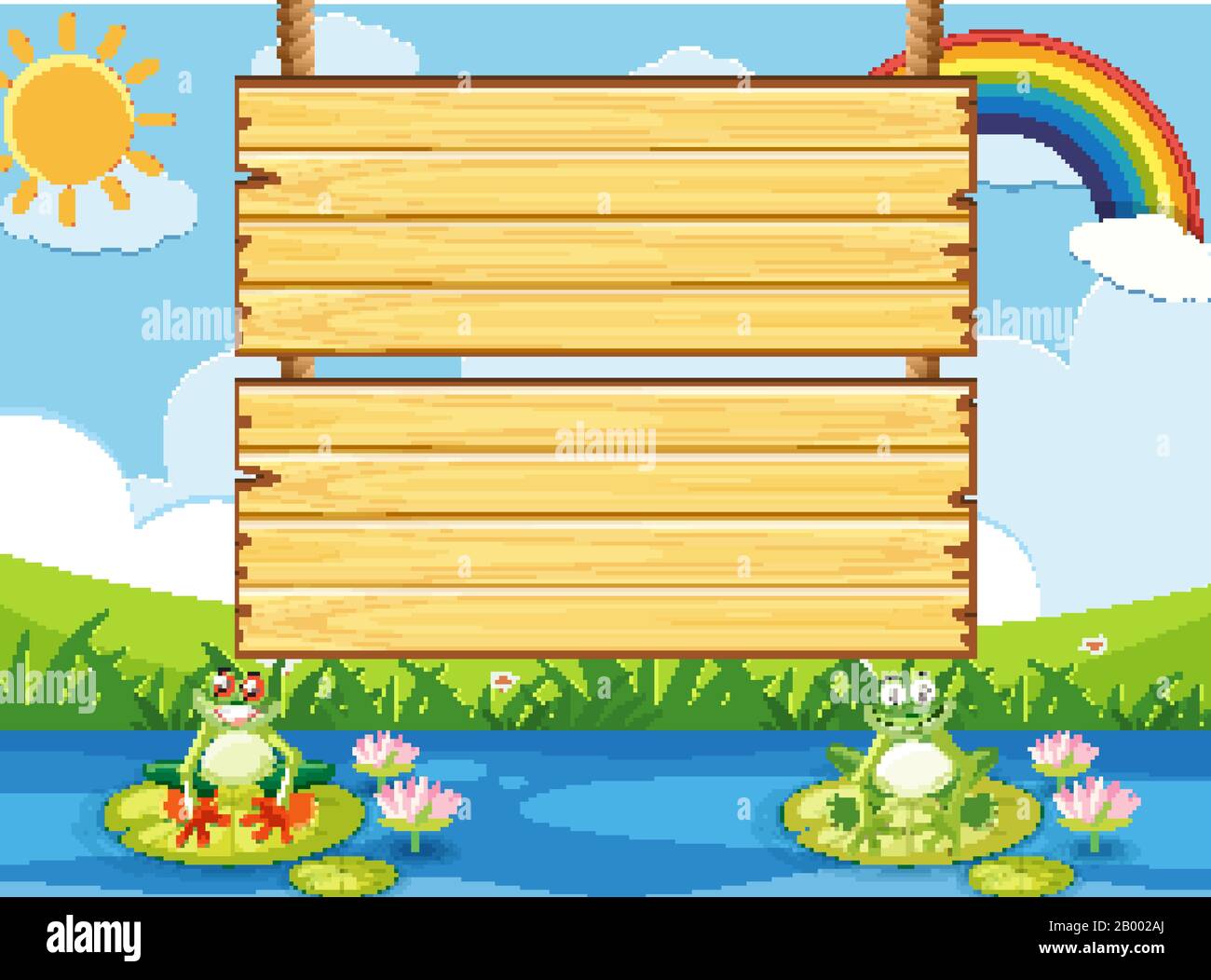 Wooden sign template with two frogns in the pond illustration Stock ...