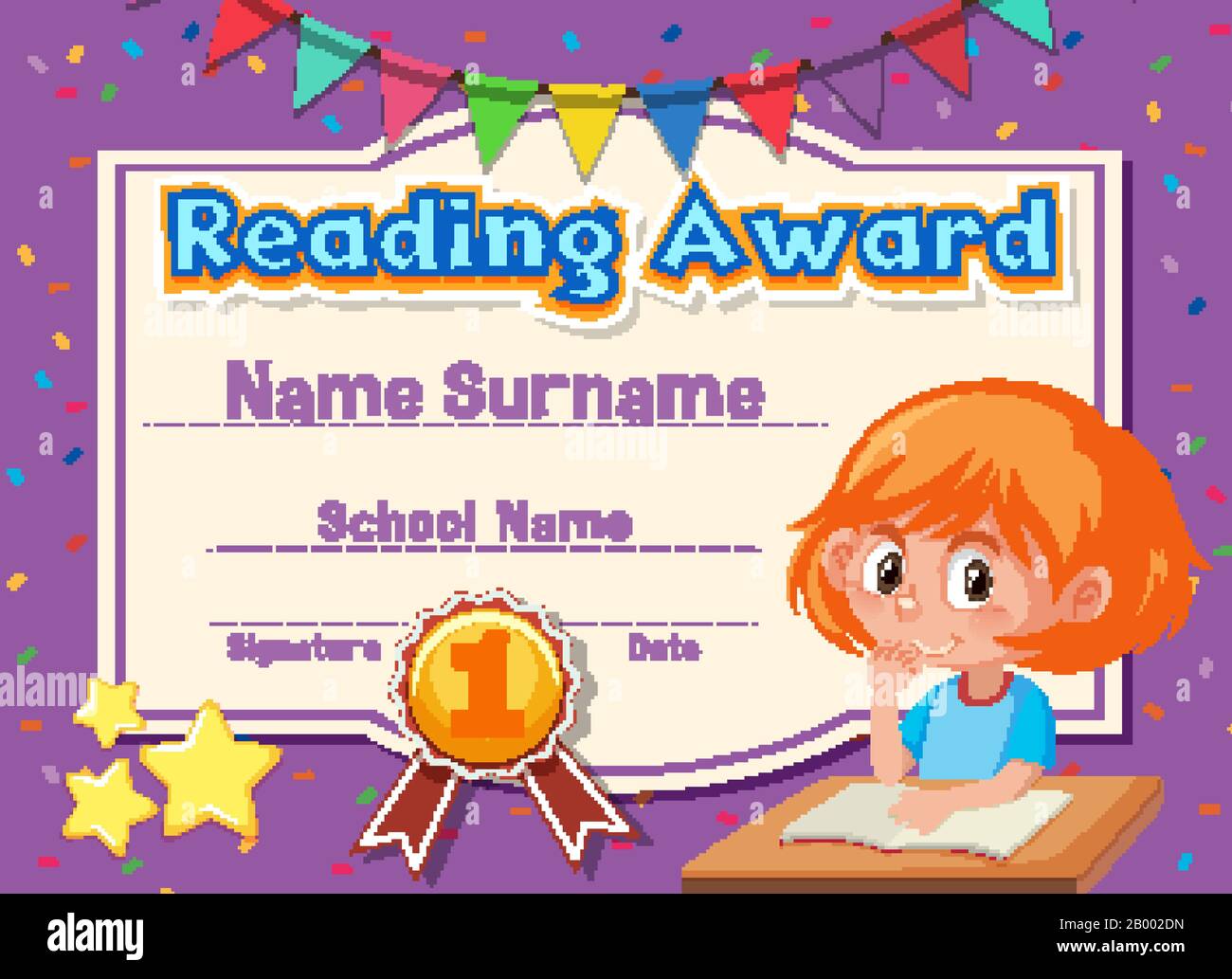 Certificate template for reading award with girl reading in background illustration Stock Vector