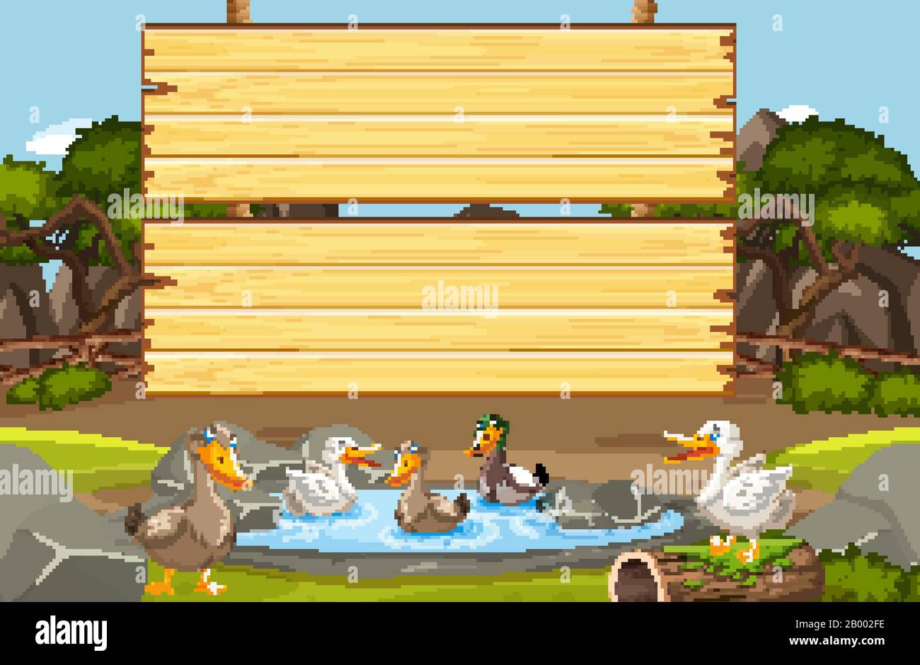 Wooden sign template with many ducks in the pond illustration Stock ...