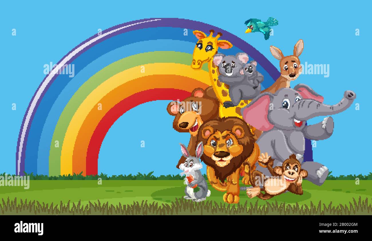 Scene with many wild animals in the field illustration Stock Vector ...
