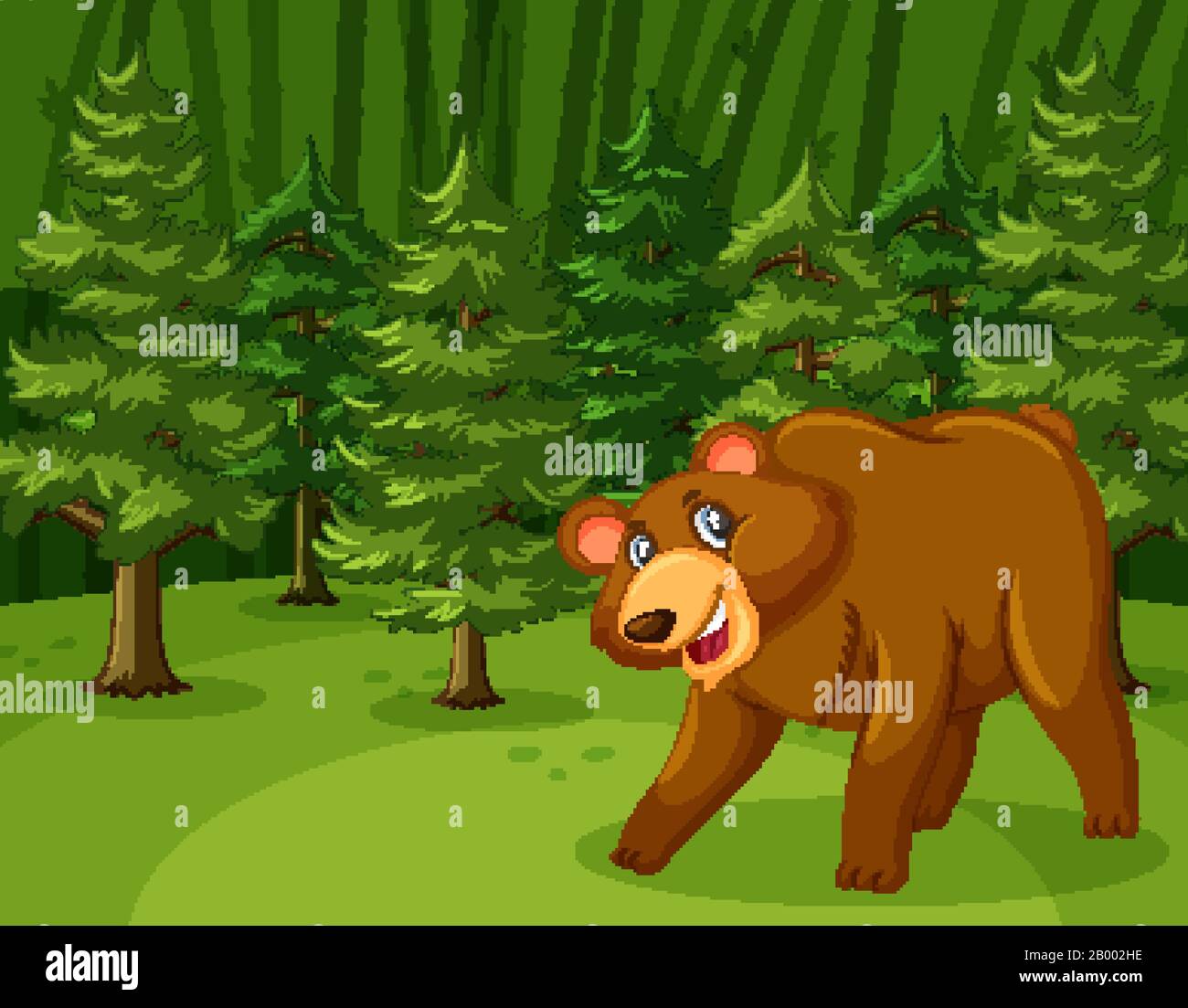 Scene with grizzly bear walking in the green forest illustration Stock ...