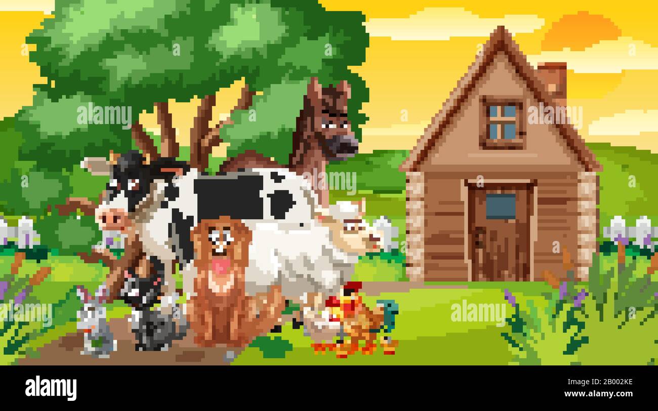 Scene with farm animals in the field at sunset illustration Stock ...