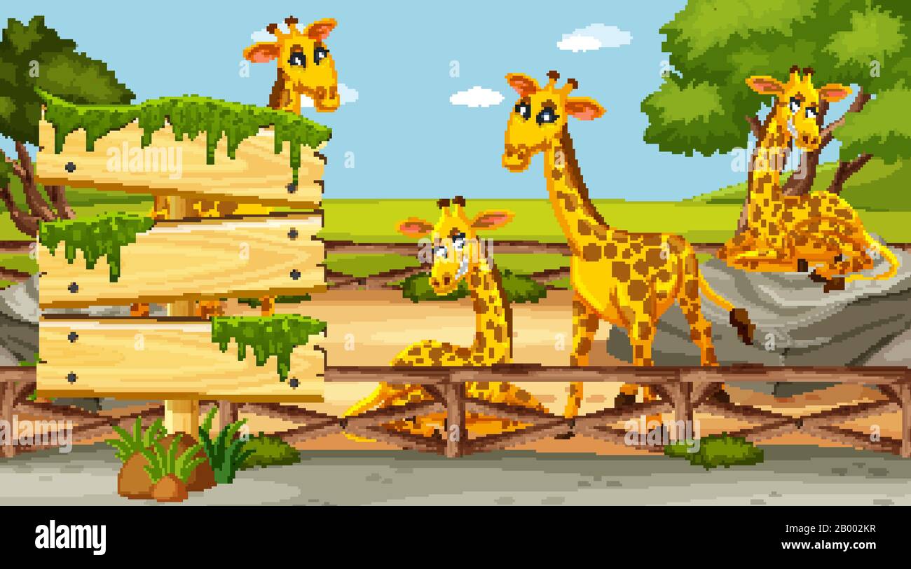 Wooden sign template with four giraffes in the park illustration Stock ...