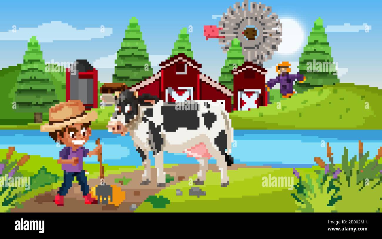 Scene with boy and cow on the farm illustration Stock Vector Image ...