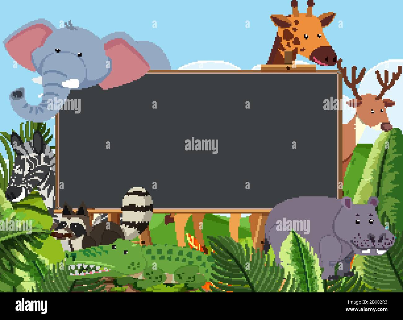 Blackboard template design with many wild animals in the field ...