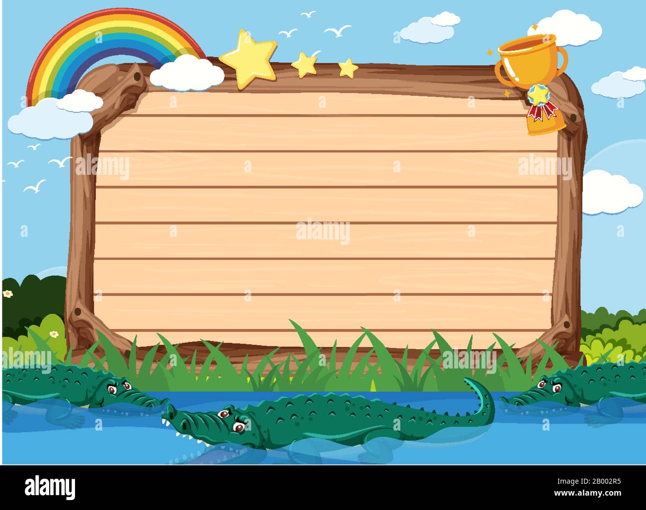 Board template with crocodiles swimming in the river background ...