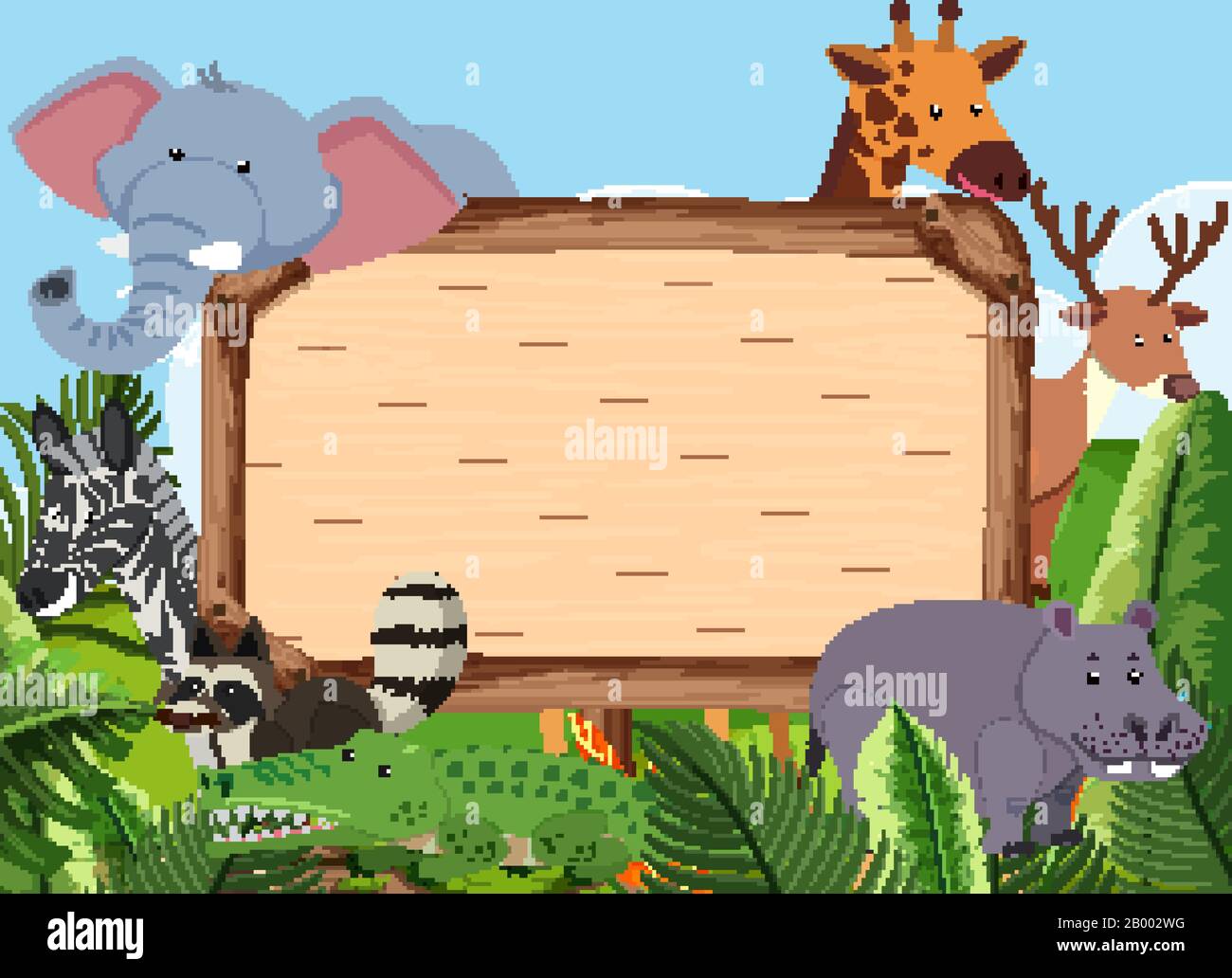 Wooden sign template with many animals in the park illustration Stock ...
