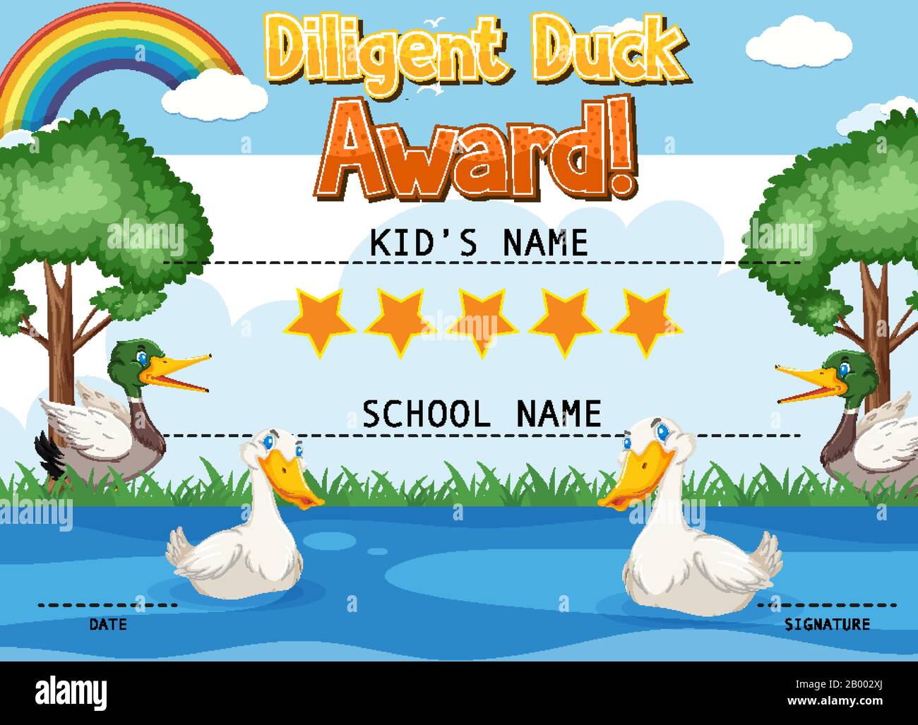Certificate Template For Diligent Duck Award With Ducks In Background Illustration Stock Vector 