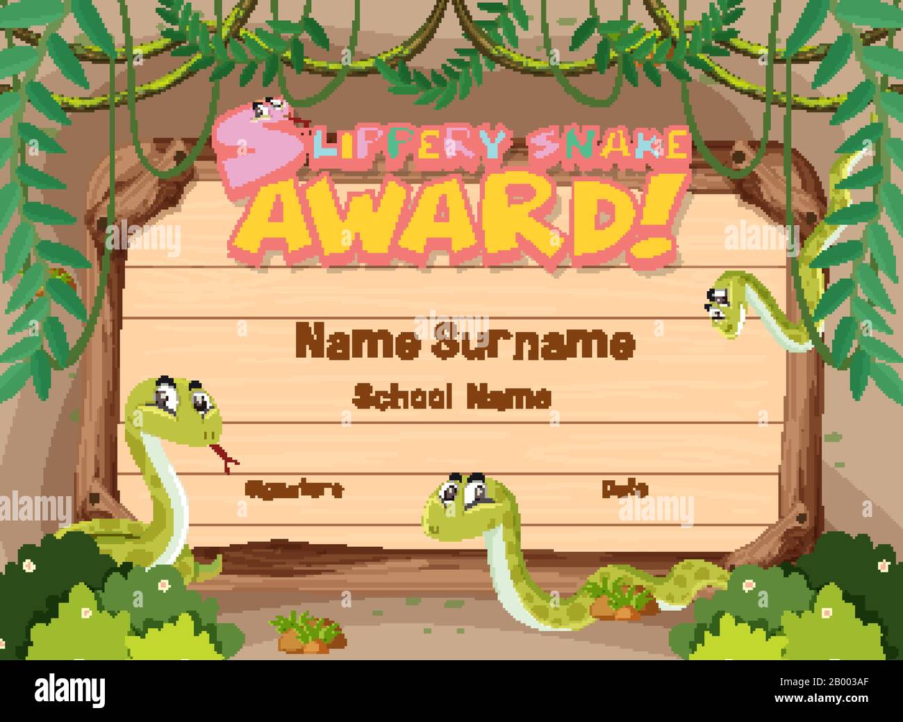 Certificate template for slippery snake award with snakes in background