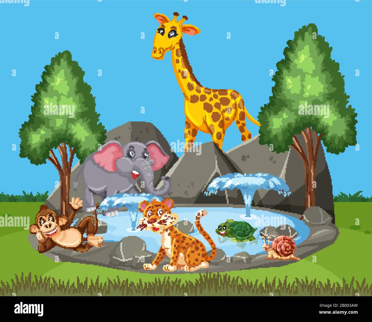 Scene with many wild animals in the park illustration Stock Vector ...