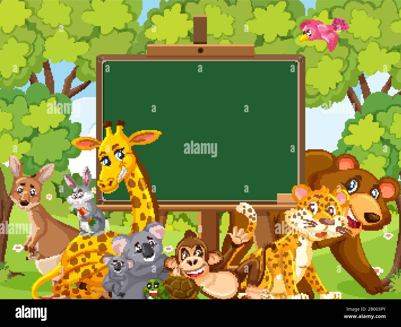 Blackboard template design with wild animals in the forest illustration ...