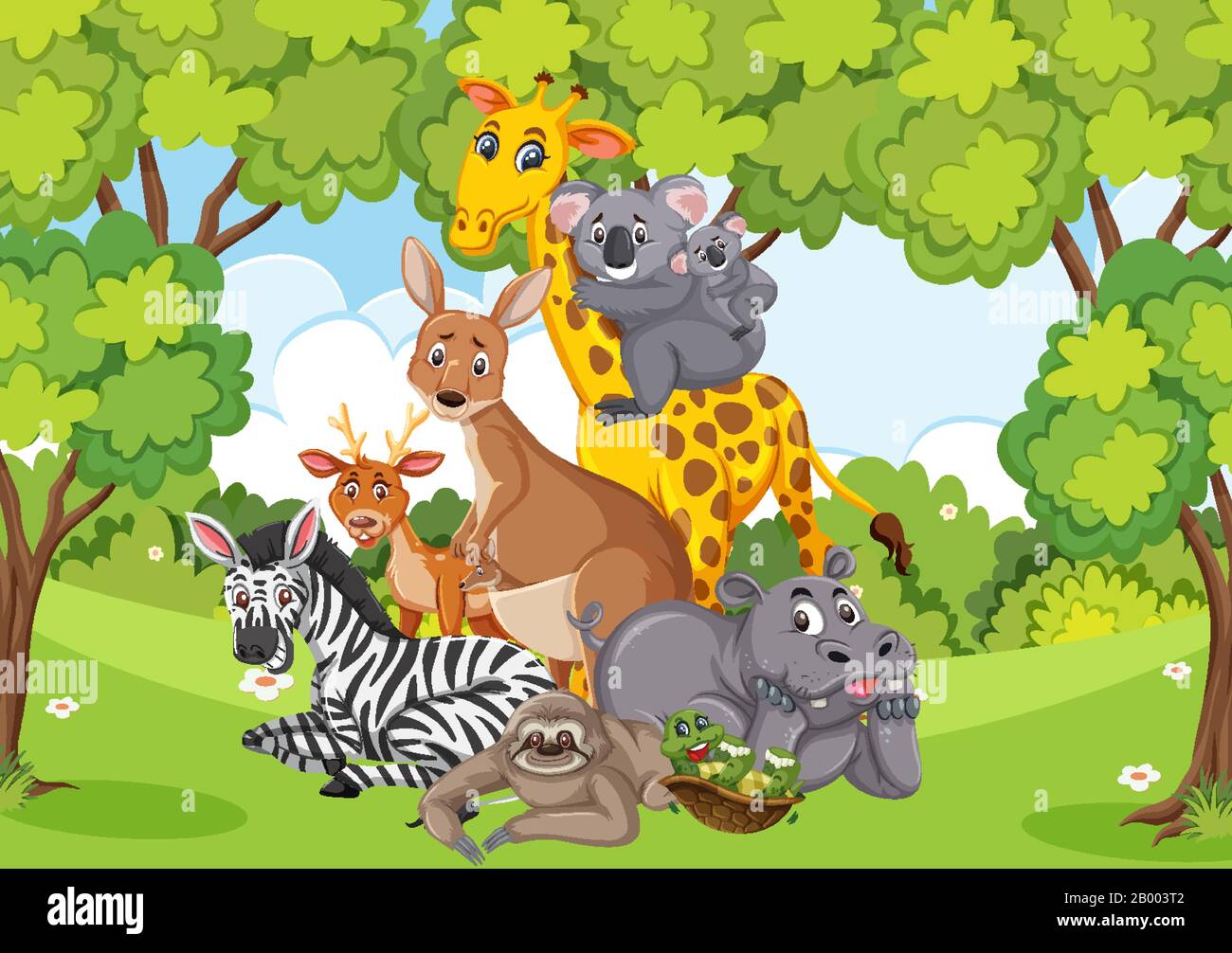 Scene with many wild animals in the park illustration Stock Vector ...