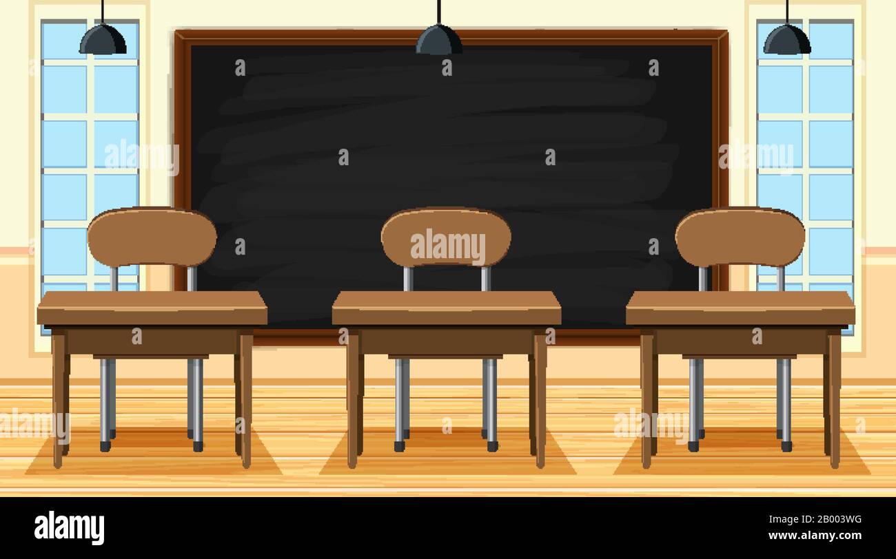 Classroom scene with blackboard and desks illustration Stock Vector ...