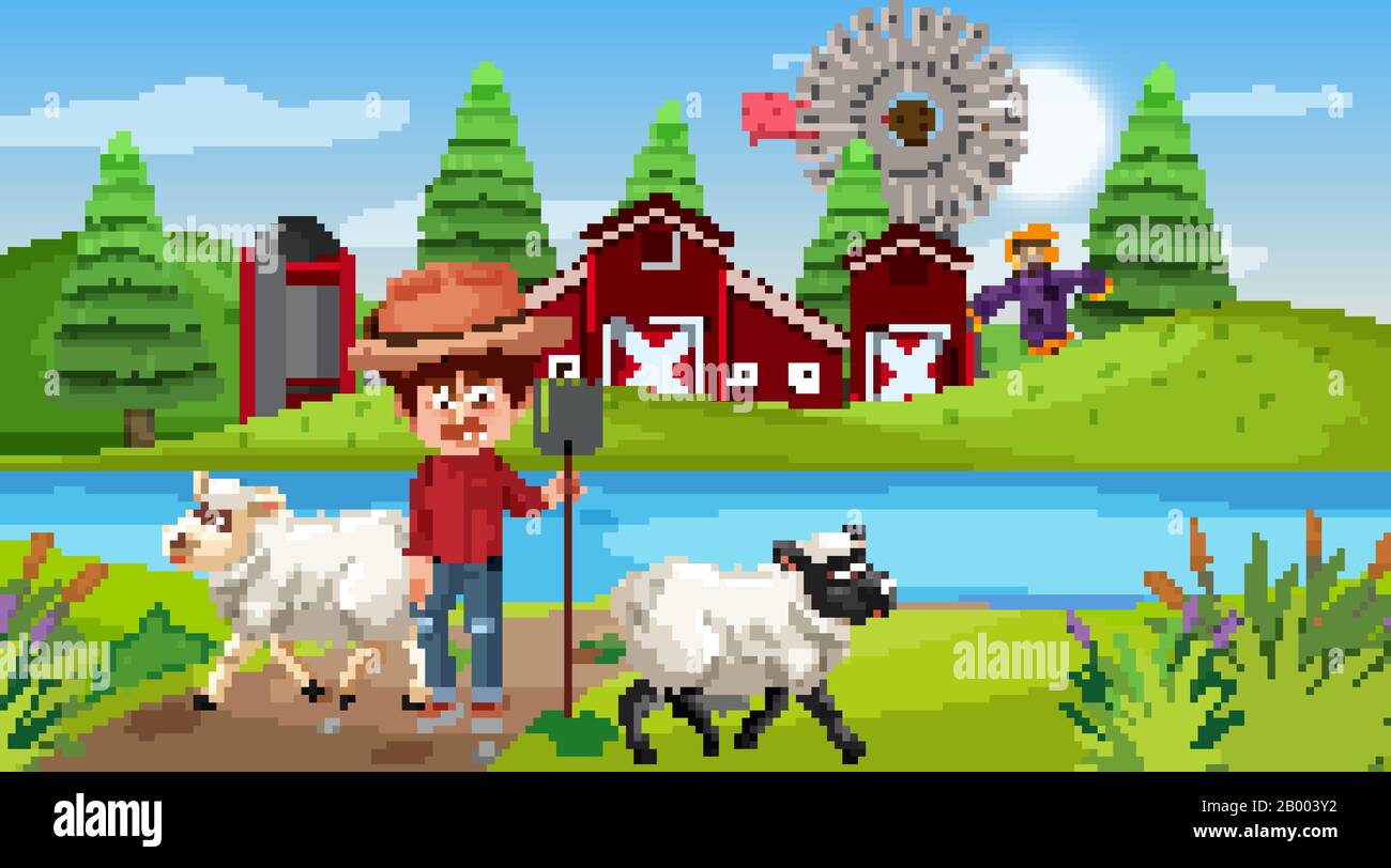 Farm scene with farmer and sheep on the hill illustration Stock Vector ...