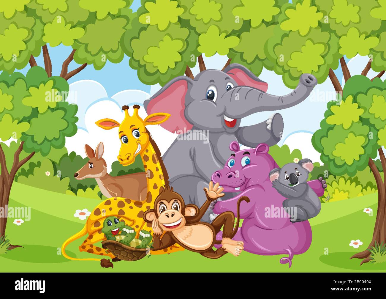 Scene with many wild animals in the park illustration Stock Vector ...