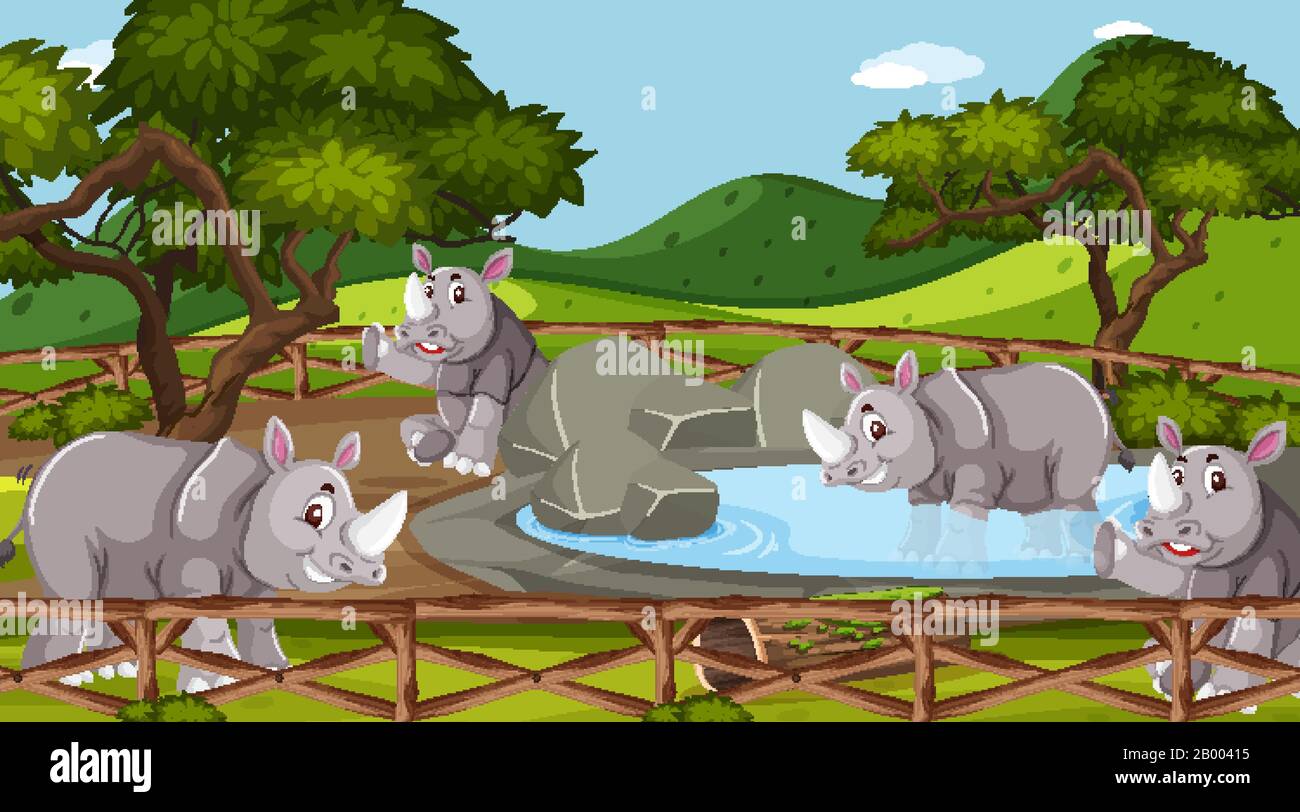 Scene with wild animals in the zoo at day time illustration Stock ...