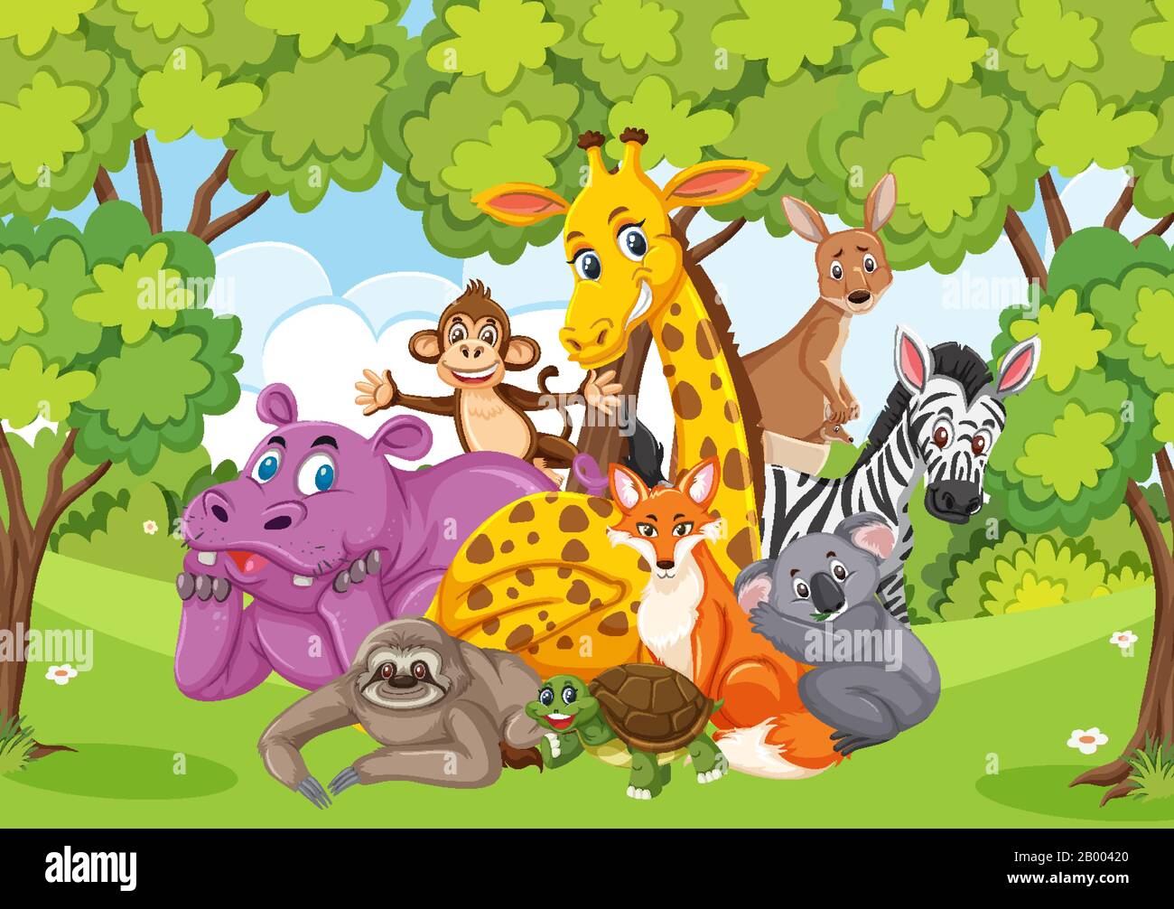 Scene with many wild animals in the park illustration Stock Vector ...