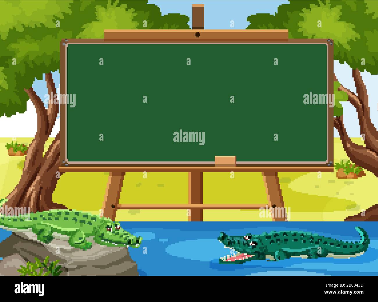 Blackboard template design with crocodiles in the river illustration ...