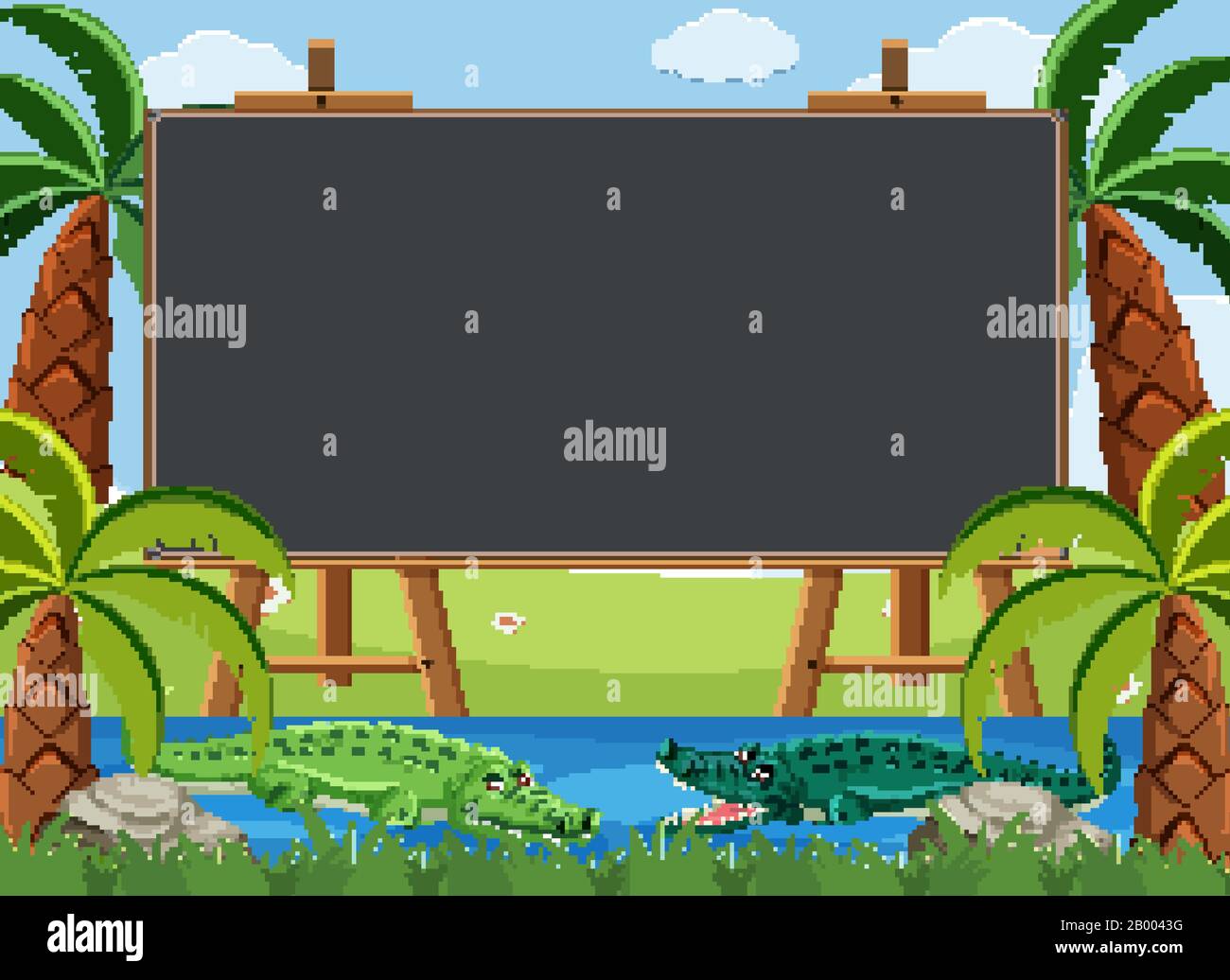 Blackboard template design with crocodiles in the river illustration ...