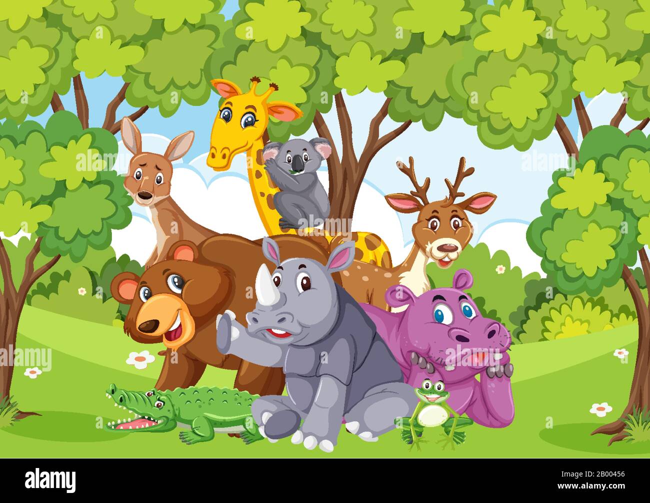 Scene with many wild animals in the park illustration Stock Vector ...