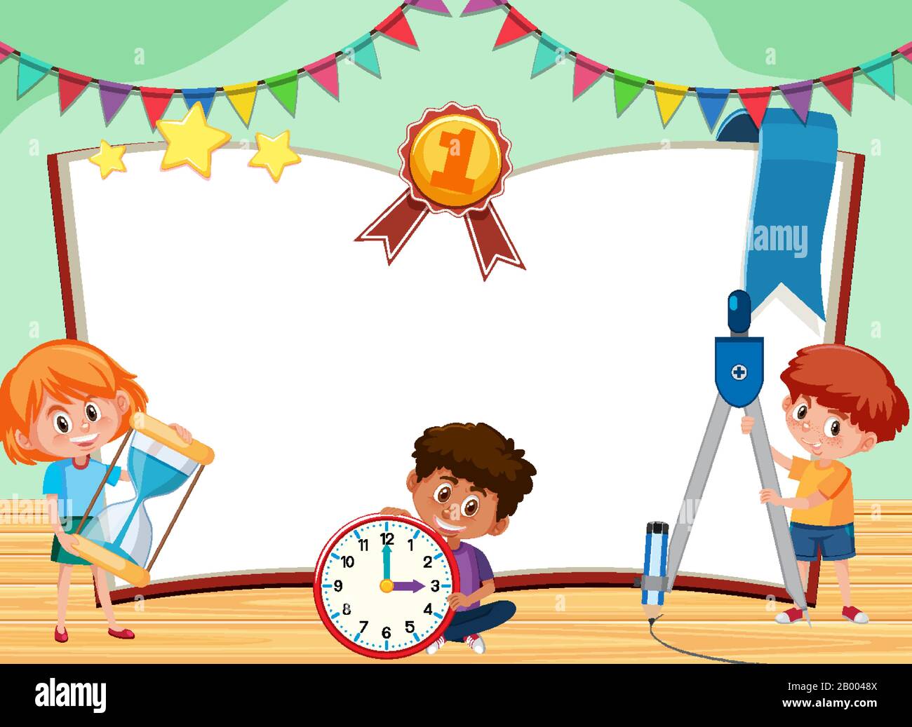 Banner template with three kids playing in the classroom