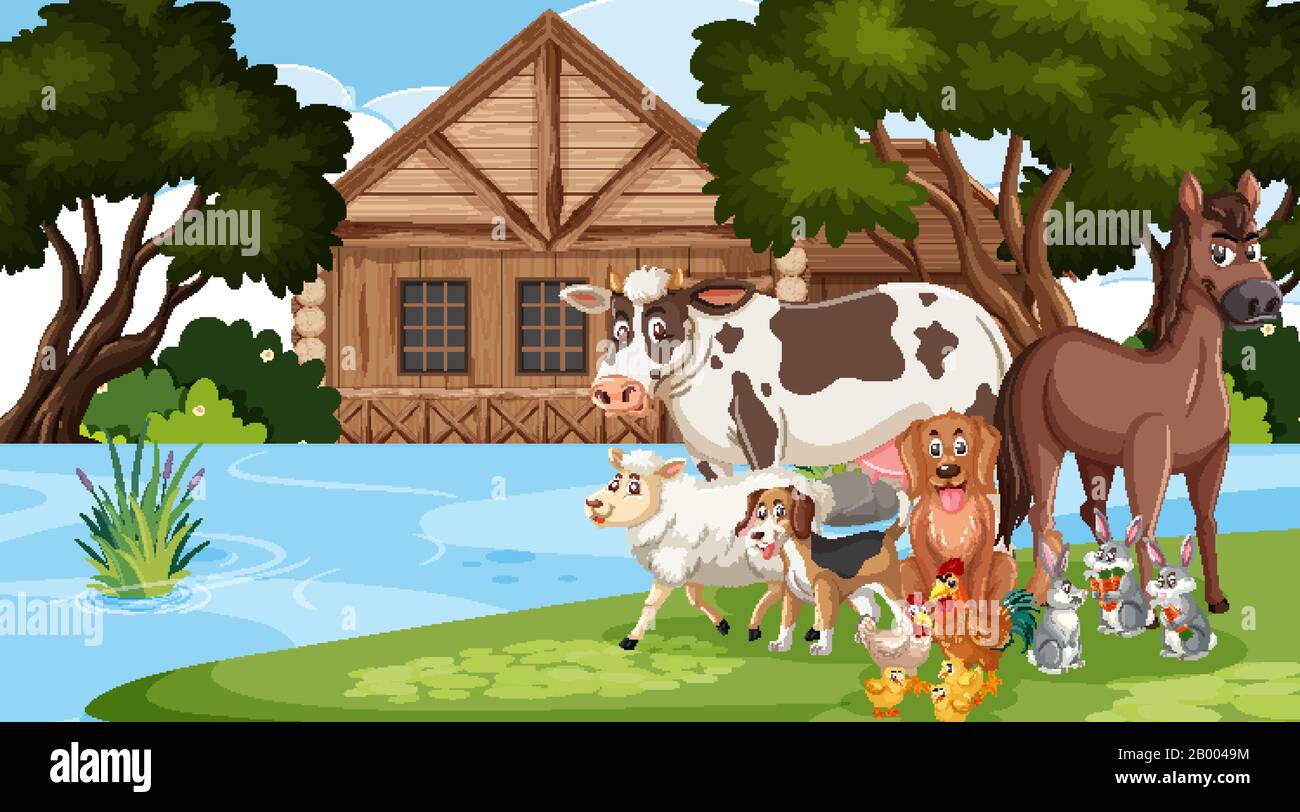 Scene with many wild animals in the park illustration Stock Vector ...
