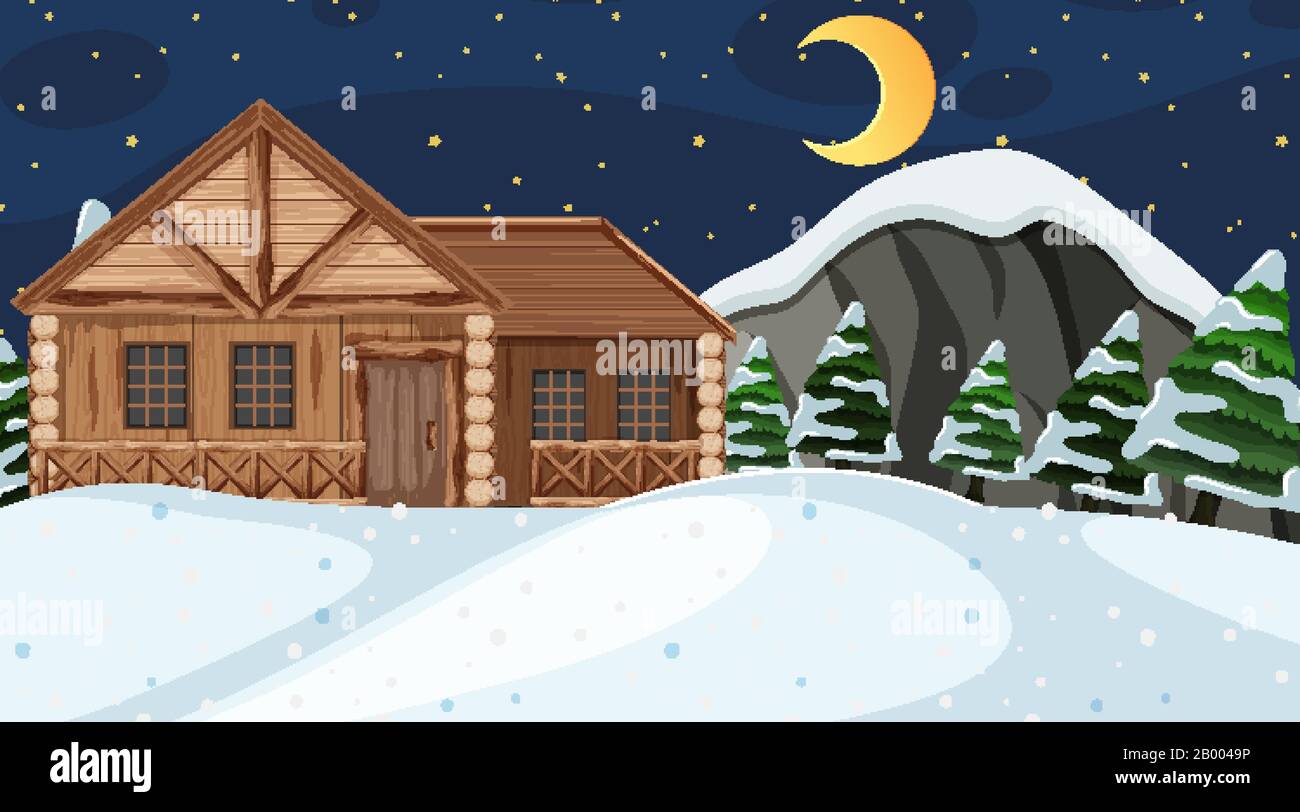 Scene with wooden house in the snow field at night illustration Stock ...