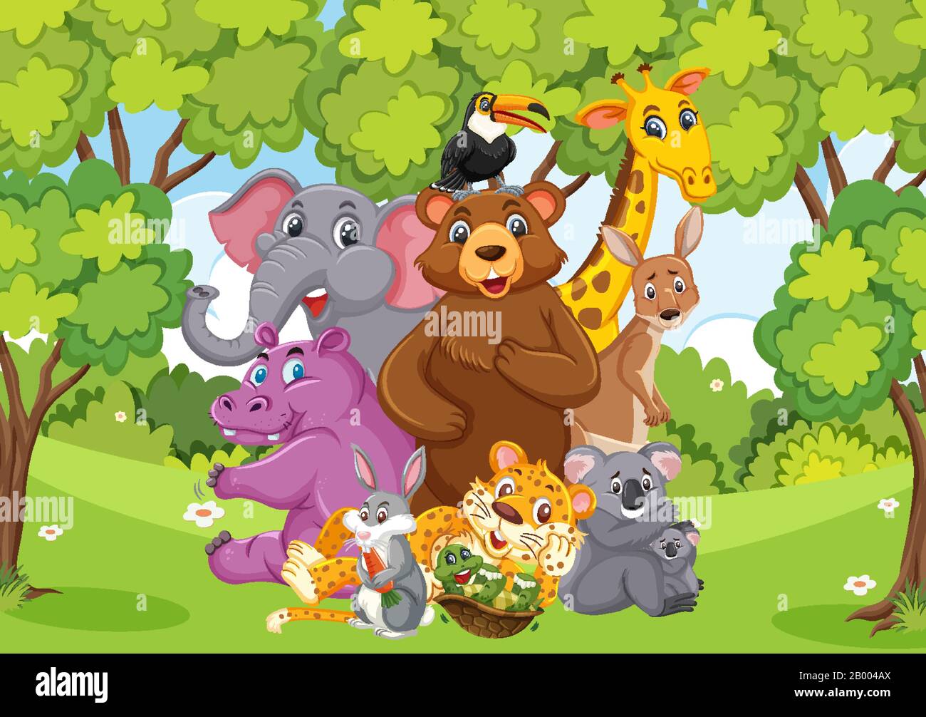 Scene with many wild animals in the park illustration Stock Vector ...
