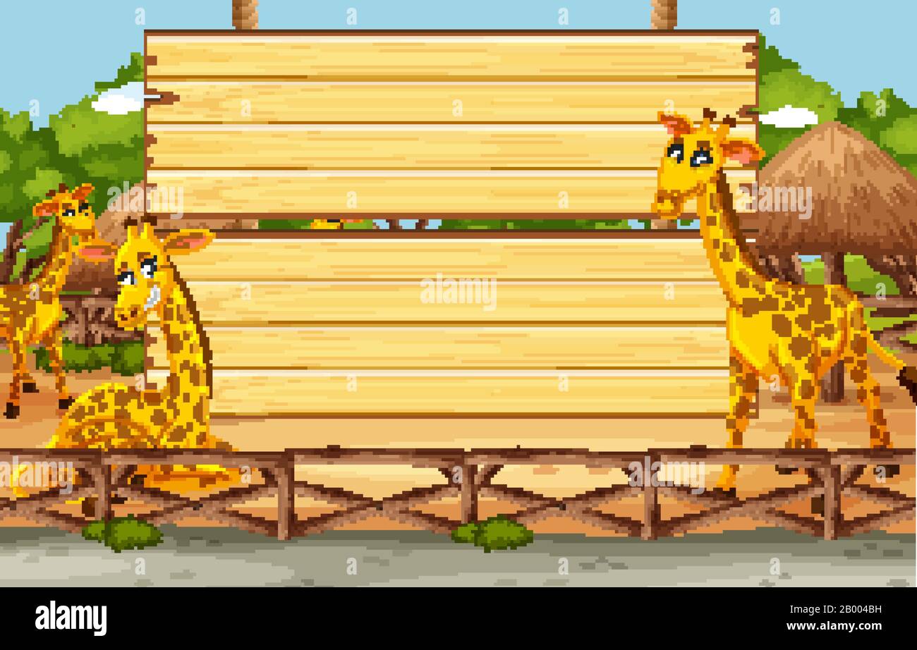 Wooden sign template with giraffes in the park illustration Stock ...