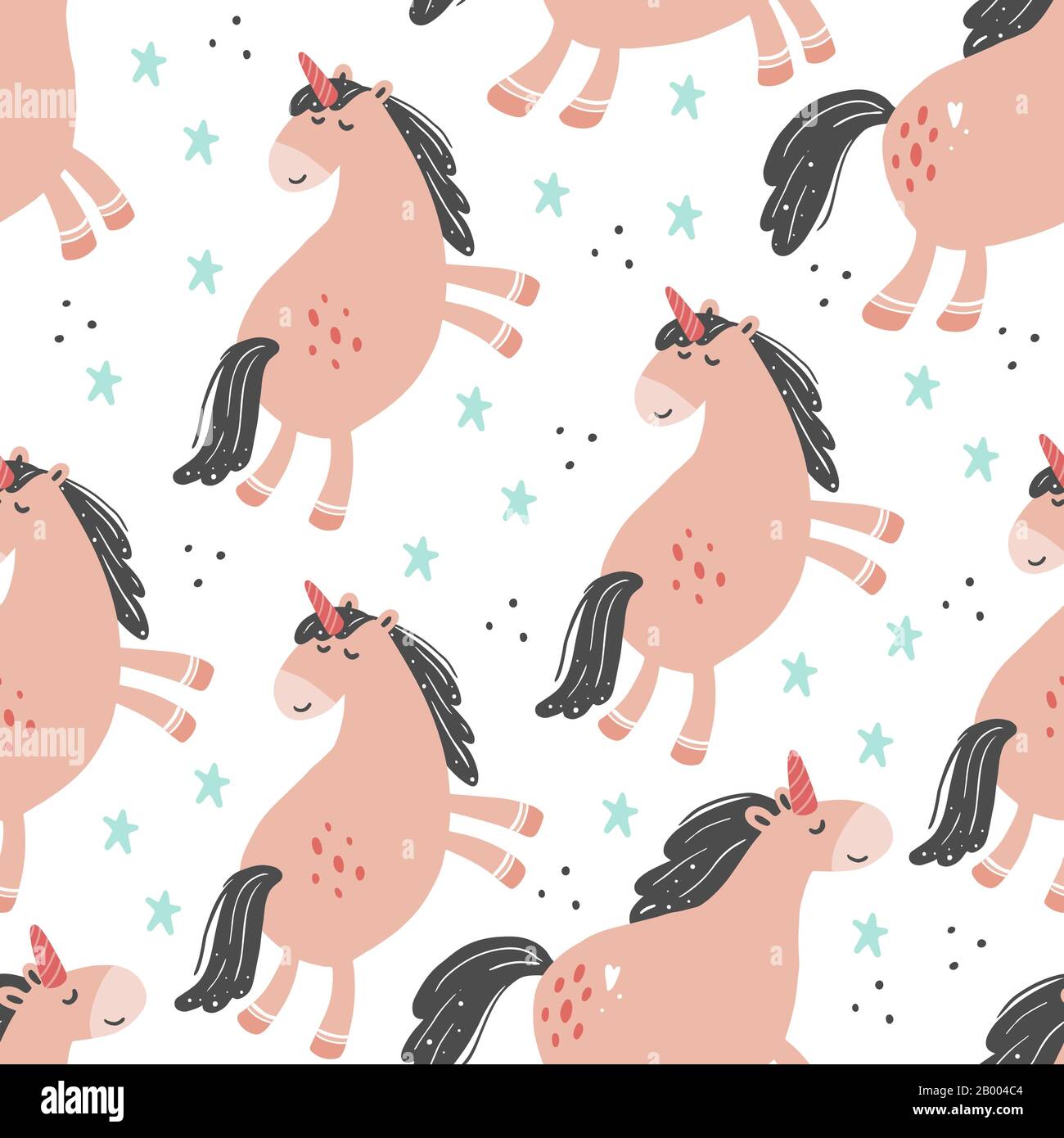 Unicorn seamless pattern of simple trendy cartoon style. Unicorn, magic horse, pony for kids and magic textile, walppaper, fabric design. Isolated vector illustration. Stock Vector