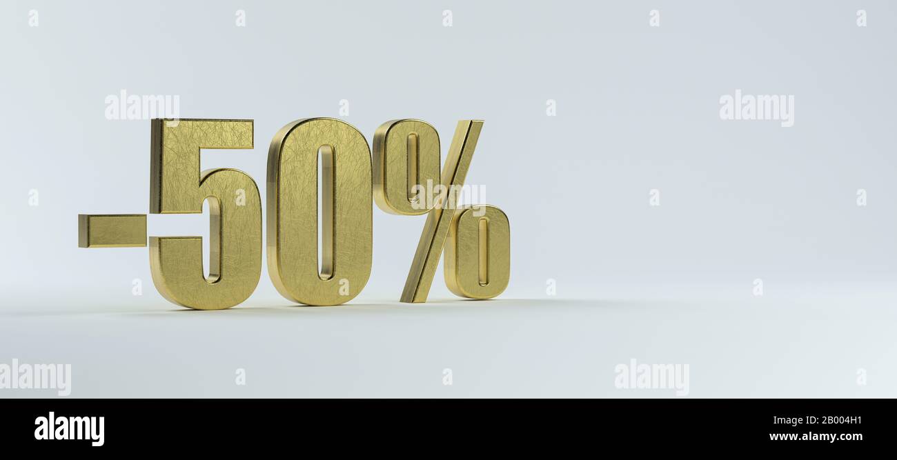 brass text "-50%" on white background - 3D rendered illustration Stock Photo